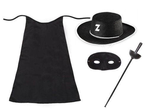 ZESTAW ZORRO CZARNY PELERYNA 75cm 4el