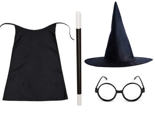 ZESTAW HARRY POTTER CZARNY PELERYNA 75cm 4el