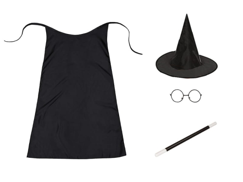 ZESTAW HARRY POTTER CZARNY PELERYNA 90cm 4el