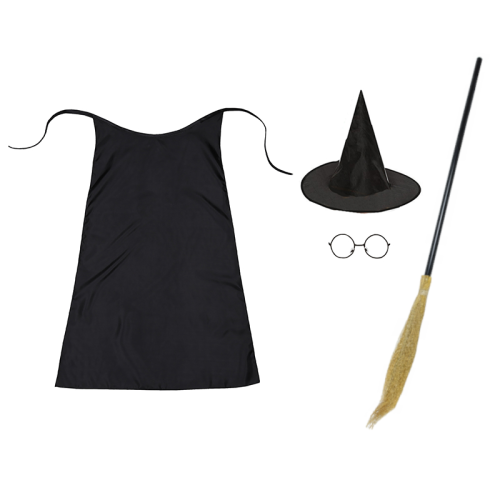 ZESTAW HARRY POTTER CZARNY PELERYNA 75cm 4el