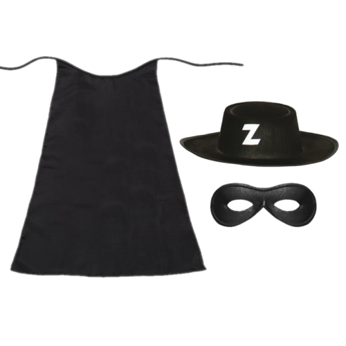 ZESTAW ZORRO CZARNY PELERYNA 90cm 3el