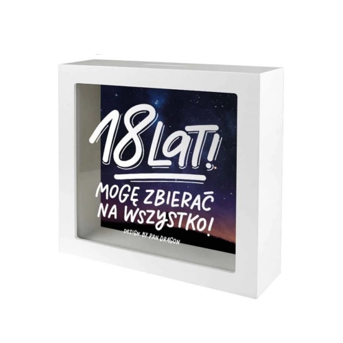 SKARBONKA 18 LAT MOGĘ ZBIERAĆ NA WSZYSTKO BIAŁA 15x15cm