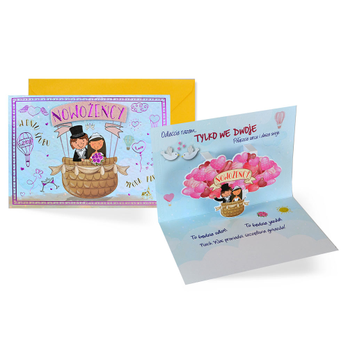 KARTKA ŚLUBNA POP-UP BALON NOWOŻEŃCY BŁĘKITNA 17x12cm