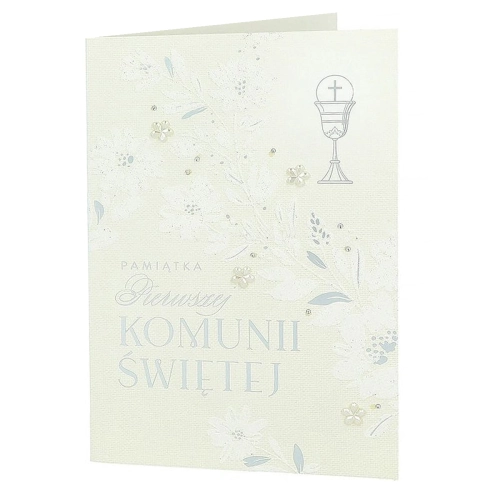 KARTKA KOMUNIA PAMIĄTKA KOMUNII KWIATY BEŻOWA 19x13cm