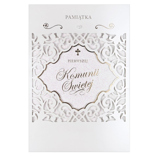 KARTKA KOMUNIA PAMIĄTKA KOMUNII ORNAMENT BROKAT BEŻOWA 19x13cm