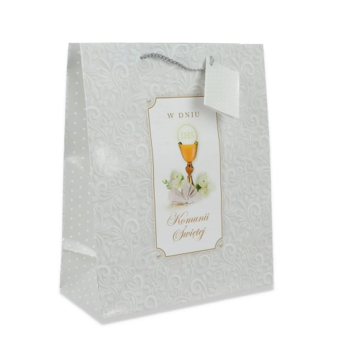 TOREBKA PREZENTOWA KOMUNIA ORNAMENT KIELICH BIAŁA 32x26cm