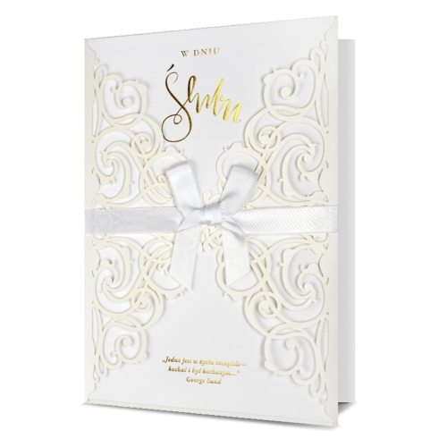 KARTKA ŚLUBNA W DNIU ŚLUBU ORNAMENT WSTĄŻKA BIAŁA 24x17cm