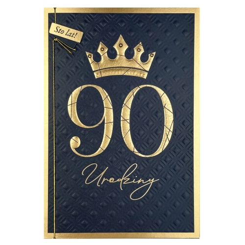 KARTKA 90 URODZINY KORONA GRANATOWO-ZŁOTA 19x13cm