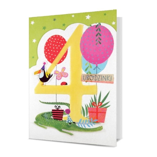 KARTKA 4 URODZINY PIN TUKAN BALONIKI SREBRNA 19x13cm