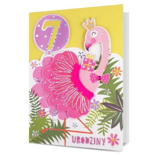 KARTKA 7 URODZINY PIN FLAMING Z BALONIKIEM 19x13cm