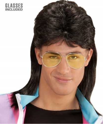 ZESTAW PERUKA CZARNA LATA 80 90 DISCO + OKULARY