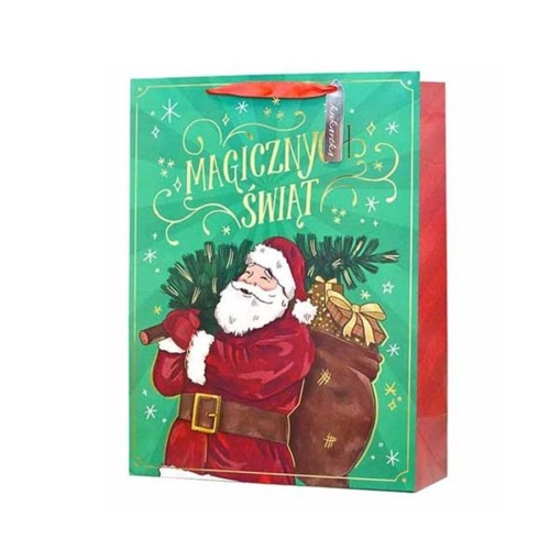 TOREBKA PREZENTOWA MAGICZNYCH ŚWIĄT MIKOŁAJ PREZENTY ZIELONA 32x26cm