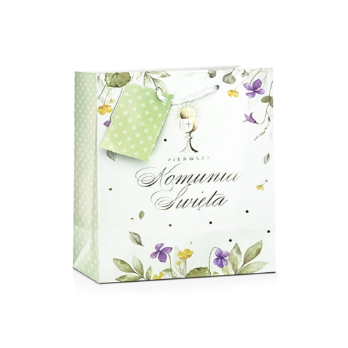 TOREBKA PREZENTOWA KOMUNIA IHS KWIATKI LISTKI BIAŁA 15x15cm