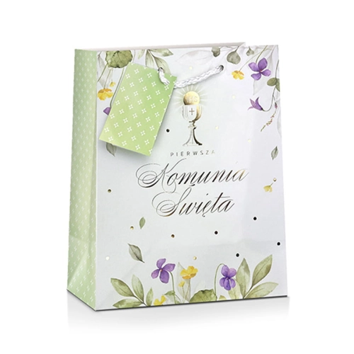 TOREBKA PREZENTOWA KOMUNIA IHS KWIATKI LISTKI BIAŁA 32x26cm