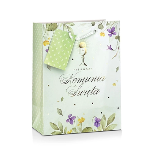 TOREBKA PREZENTOWA KOMUNIA IHS KWIATKI LISTKI JASNOZIELONA 23x18cm