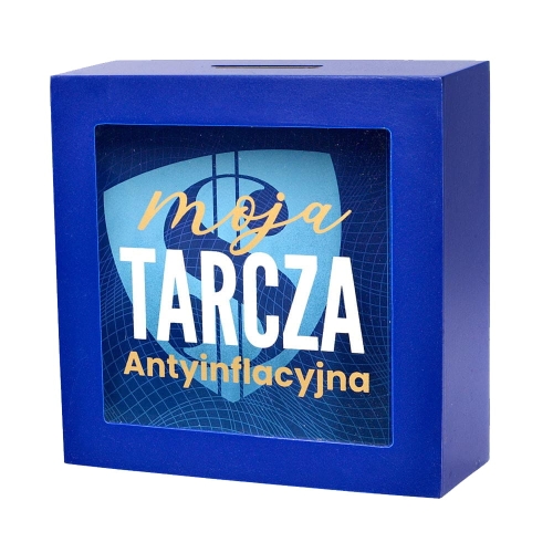 SKARBONKA KWADRATOWA TARCZA ANTYINFLACYJNA NIEBIESKA 16x16cm
