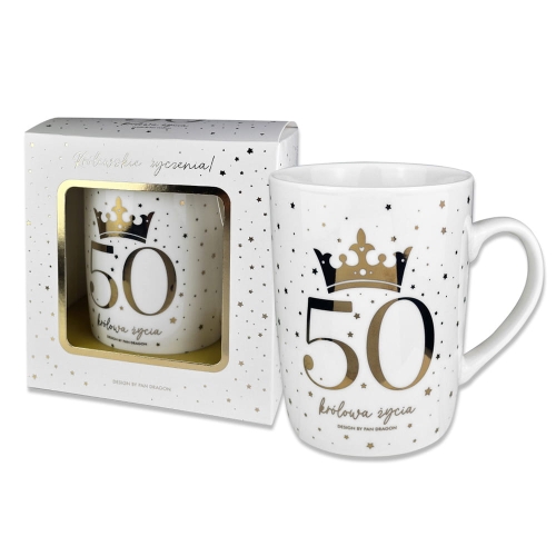 KUBEK 50 URODZINY KORONA GWIAZDKI BIAŁY 330ml