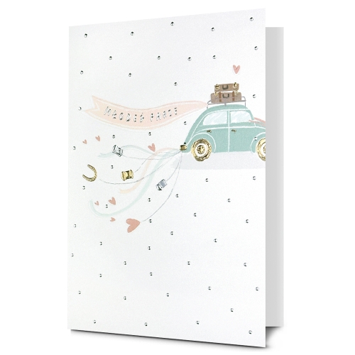KARTKA ŚLUBNA MŁODEJ PARZE GROSZKI AUTO BIAŁA 19x13cm