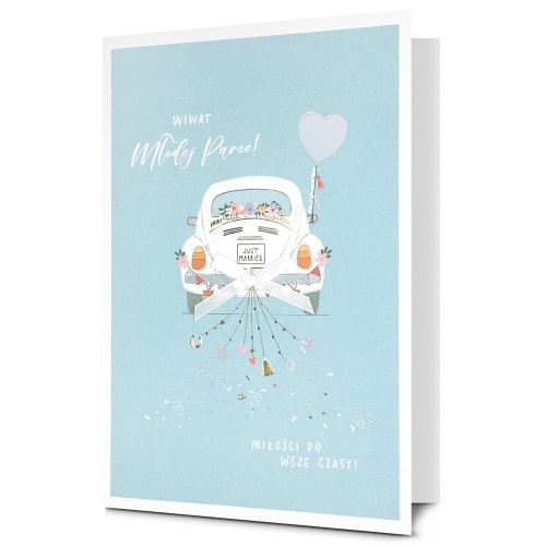 KARTKA ŚLUBNA WIWAT MŁODEJ PARZE AUTO BŁĘKITNA 19x13cm