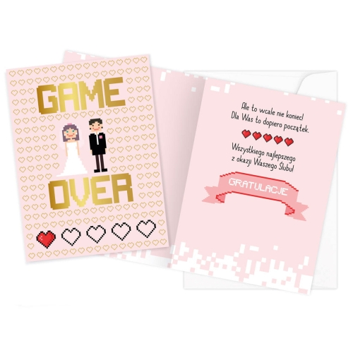 KARTKA ŚLUBNA GAME OVER SERDUSZKA RÓŻOWA 19x14cm