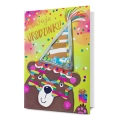 KARTKA URODZINOWA MIŚ W CZAPECZCE KONFETTI KOLOROWA 19x13cm